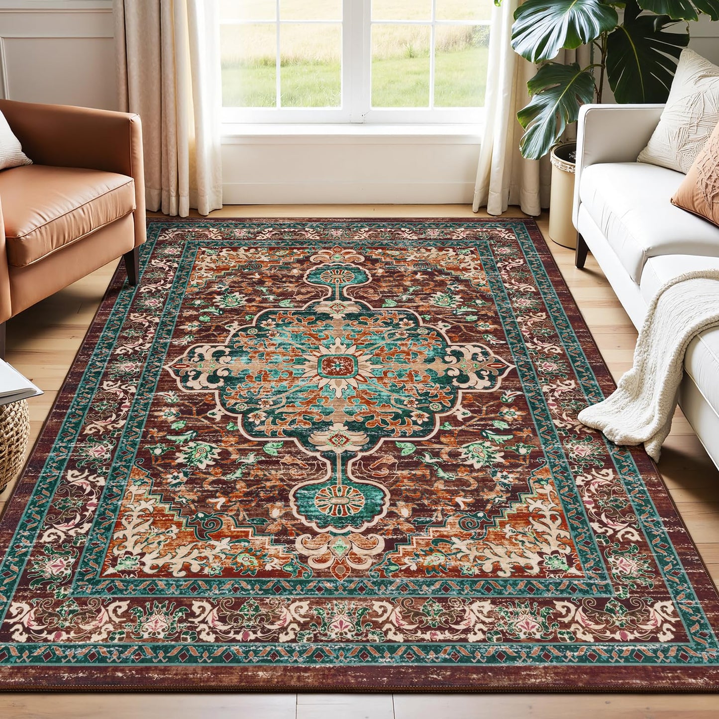 U'Artlines Boho Vintage Area Rug 5x7 Machine Washable Low Pile Ultra-Thin Soft Floor Carpet Non Slip Non Shedding Accent Rug for Living Room Bedroom Entryway Dining Room Office(Rust＆Teal)