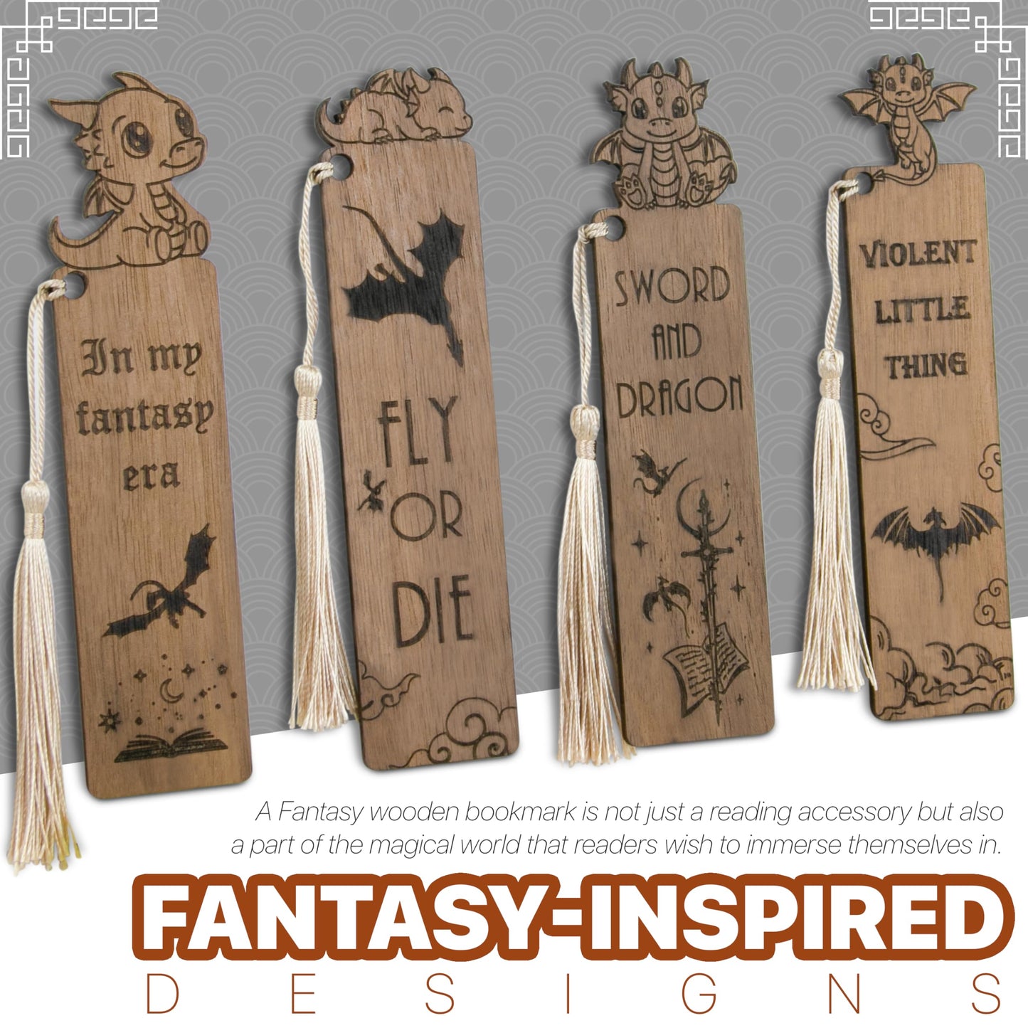 Dragon Bookmarks – Set of 4 Wooden Fantasy Bookmarks with Tassels, Made from Walnut Wood, Inspired by Mythical Dragons and Epic Adventures, Perfect for Book Lovers (Cute Dragon)