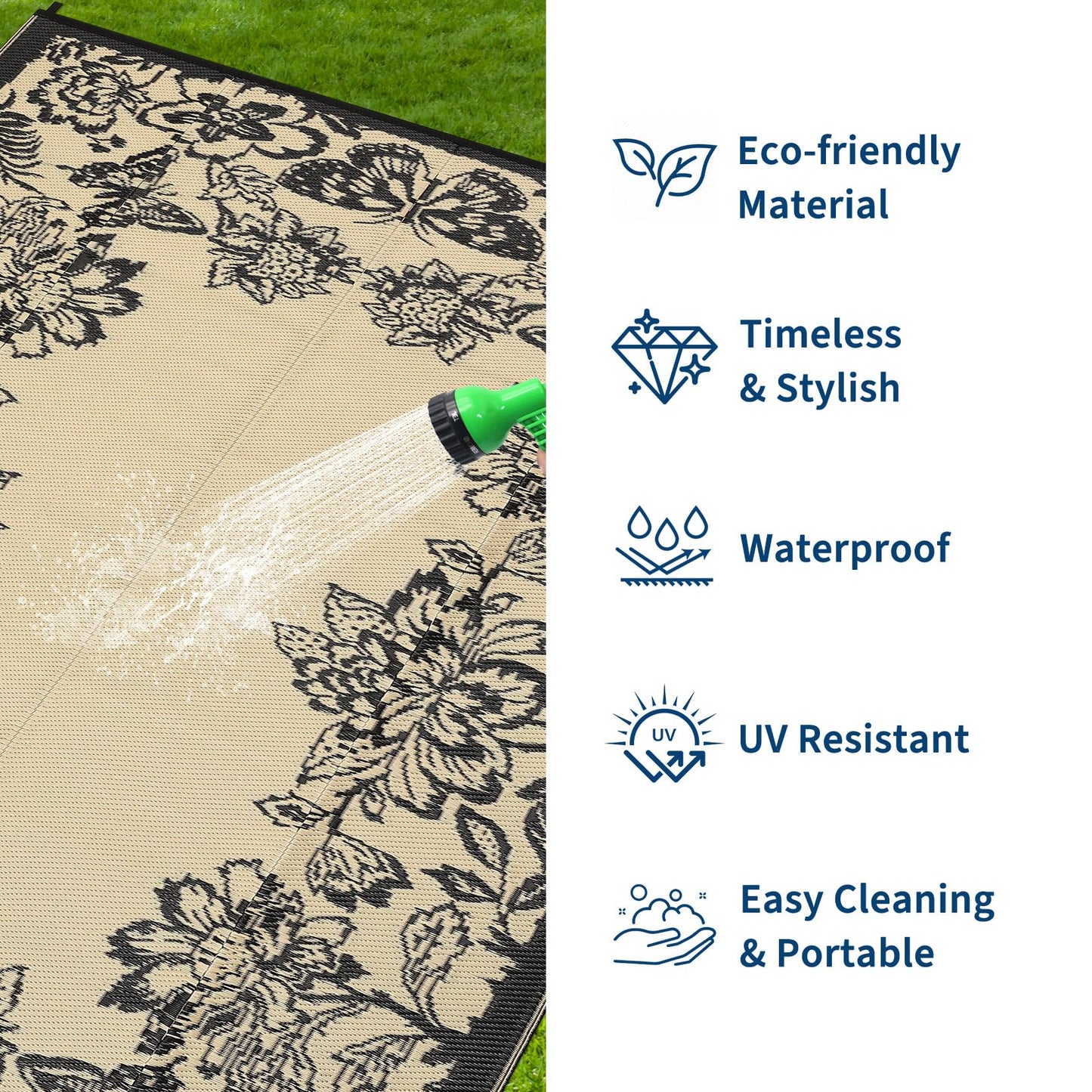 Garvee 5’x8’ Waterproof Patio Outdoor Rug, Outdoor Plastic Straw Rug for Camping, RV Mat Outside, Indoor Outdoor Carpet for Porch, Deck, Backyard, Balcony, Picnic, Black & Brown