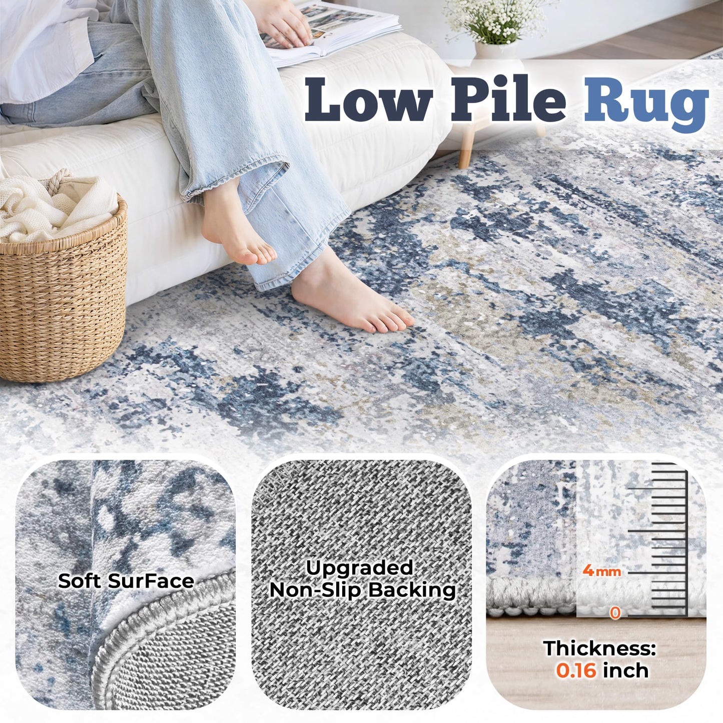 6x9 Area Rugs for Living Room: Washable Abstract Neutral Rug Modern Soft Non Slip Low Pile Rugs Floor Indoor Stain Resistant Carpet for Bedroom Dining Room Nursery Home Office (Blue, 6'x9')