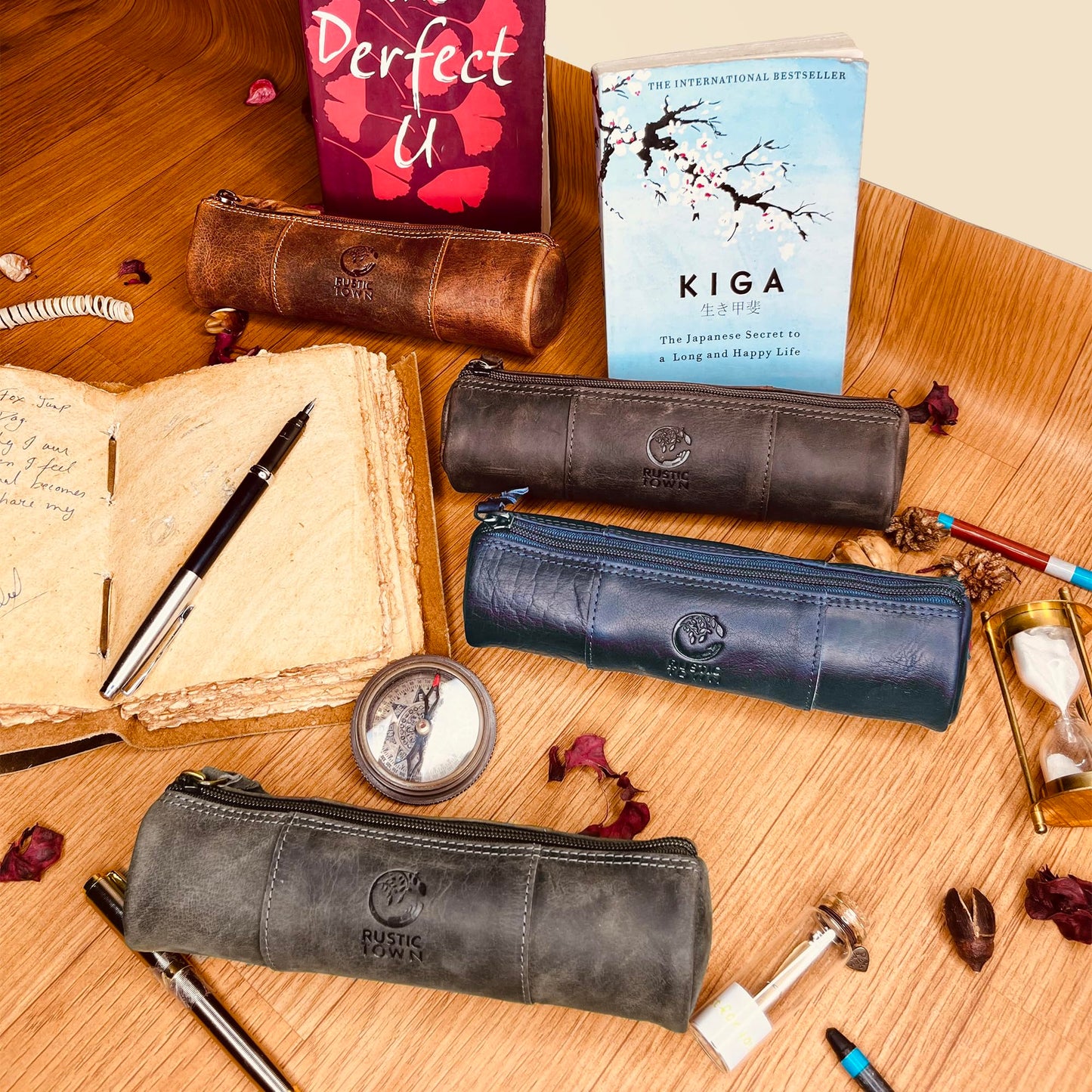 Leather Pencil Case - Full Grain Leather Zippered Pen Pouch - Stationery Bag Pen Holder for Work & Office, Walnut, M, Professional Pencil Case