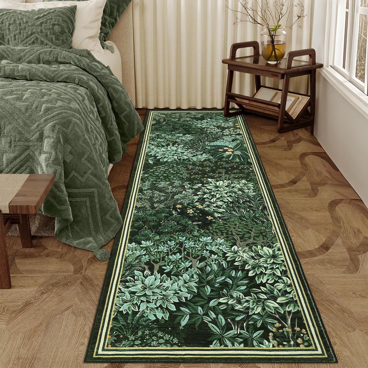 GarveeHome Forest Runner Rug, Green Washable Runner Rug 2x6 for Kitchen, Botanical Low Pile Non Slip Stain Resistance Woodland Hallway Rug for Entryway Bedroom Laundry Room