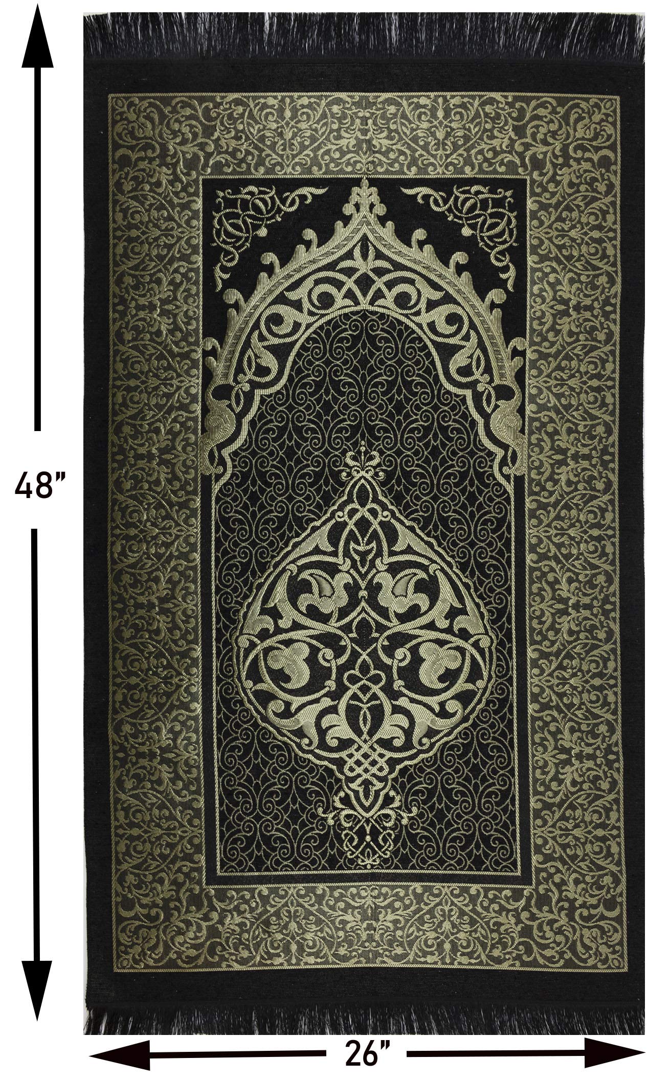 Modefa Islamic Prayer Rug Thin Woven Chenille and Taffeta Turkish Sajadah Intricate Design Metallic Ottoman Mat (Black + Blue)