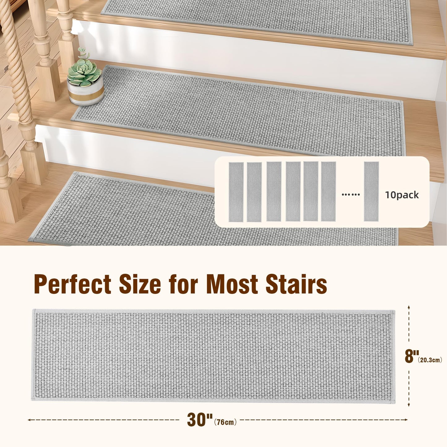 Deerly Linen Stair Treads Non Slip 10pcs Comfortable Stair Runner for Wooden Steps Peel and Stick Stairs Carpet Treads Indoor Staircase Covers Mat with Self-Adhesive Backing for Pets Kids 8"X30" Grey