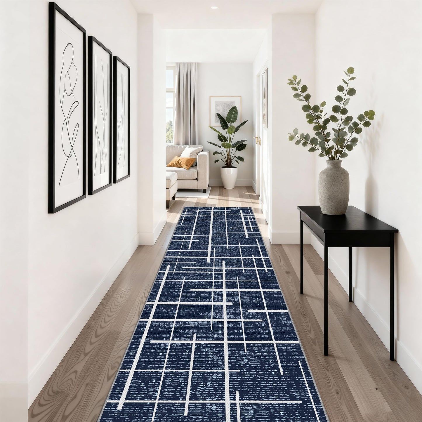TTelephant Non Slip Hallway Runner Rug 2x10, Blue Modern Distressed Stripe, Washable Long Rug, Woven Thin Low Pile Carpet Runners for Hallway 10ft Entryway, Kitchen, Walkway- Blue