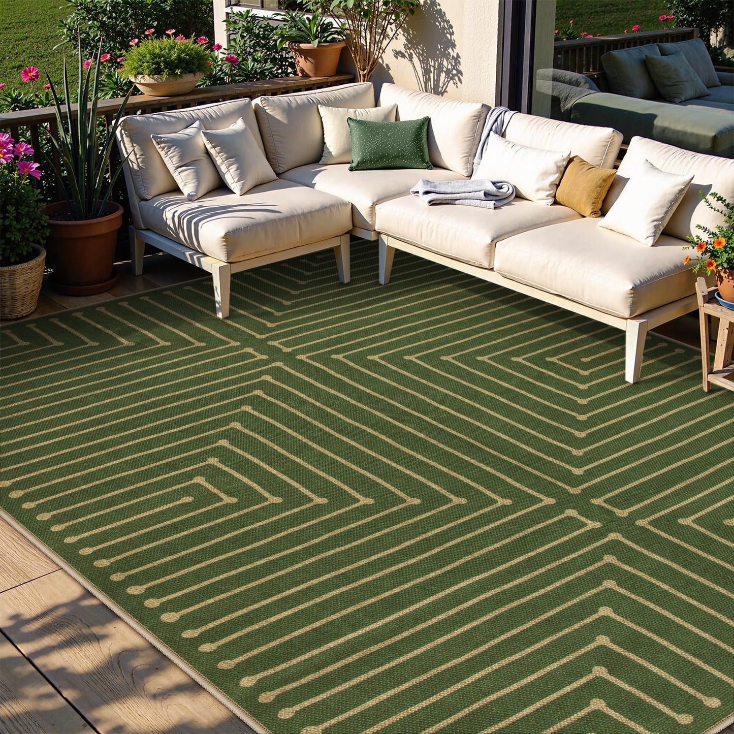 Lahome Neutral Geometric 8x10 Easy Jute Rug, Green Indoor Outdoor Rugs 8x10 for Living Room Office, Farmhouse Rhombus Non Slip Non Shedding Floor Carpet for Patio Backyard Bedroom Decor