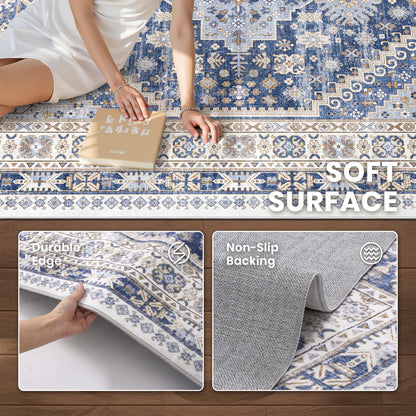 zesthome 9x12 Area Rugs,Stain Resistant Washable Rug,Ultra-Thin Rugs for Living Room,Bedroom,Non-Slip Backing Home Decor Large Area Rug (Blue/Beige,9'x12')