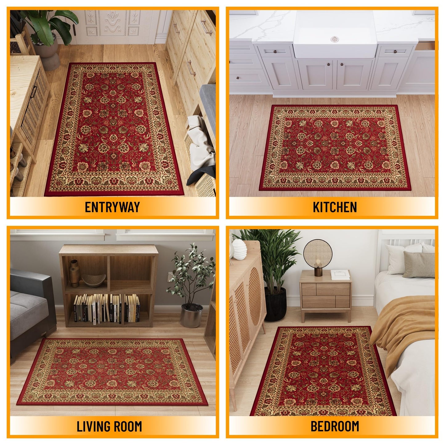 Ottomanson 3'3" x 4'7" Rugs for Living Room Oriental Area Rug for Bedroom - Non Slip Durable Large Floor Carpet for High Traffic Areas - Indoor Rug for Dining Room Kitchen Kids Playroom, Red