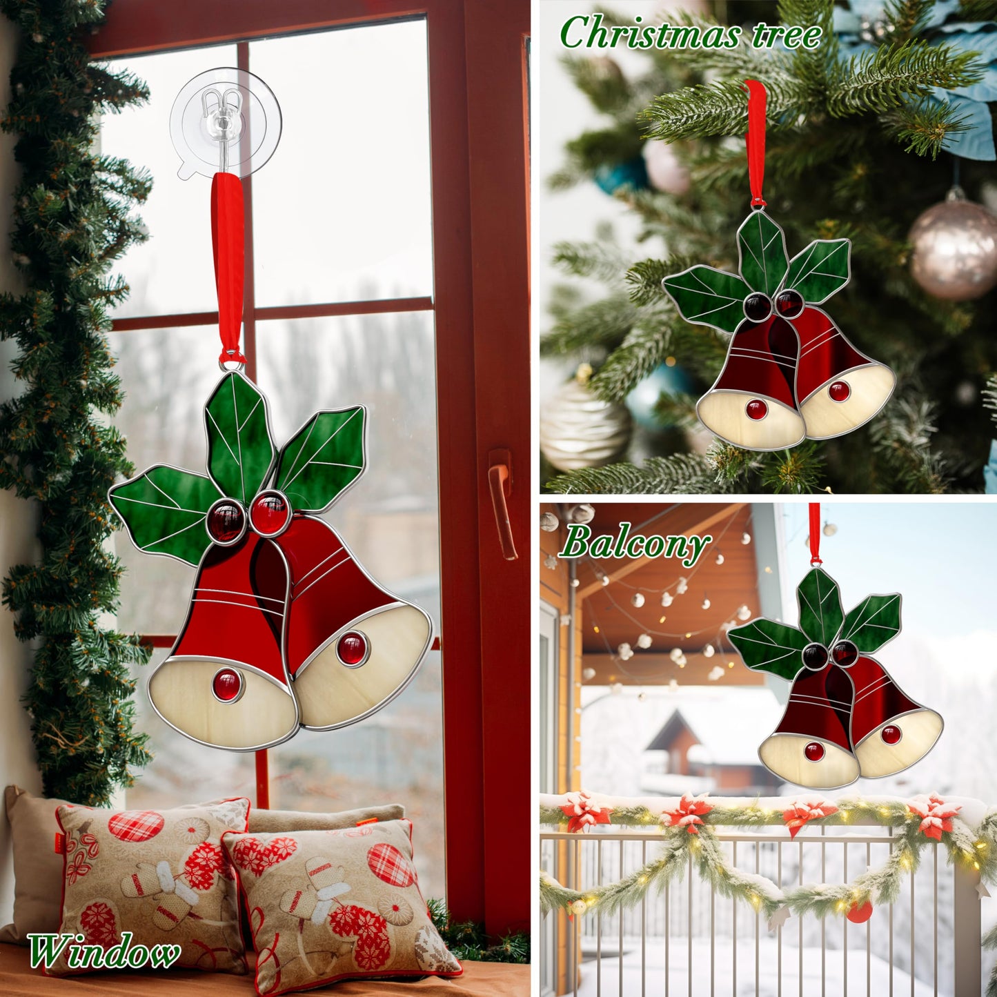 KUNDGLA New Stained Glass Sun Catcher for Windows Hangings Personalized Ornament Metal Decorative Gifts for Mom Grandma Friend Teacher Birthday Christmas Tree Holiday Hanging Decor Gift Box (Red Bell)