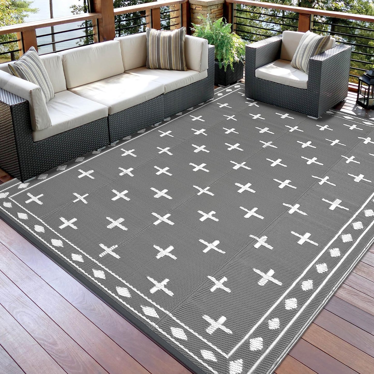 Garvee 8x10 Outdoor Rug, Reversible Waterproof Plastic Straw Patio Mat with Geometric Border Design, Camping & RV Floor Rug for Deck, Balcony, Backyard, Beach and Picnic,Grey