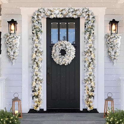 Glitzhome Pre-Lit Christmas Wreath with Lights for Front Door Wall Window Xmas Decor, Snow Flocked 24" D