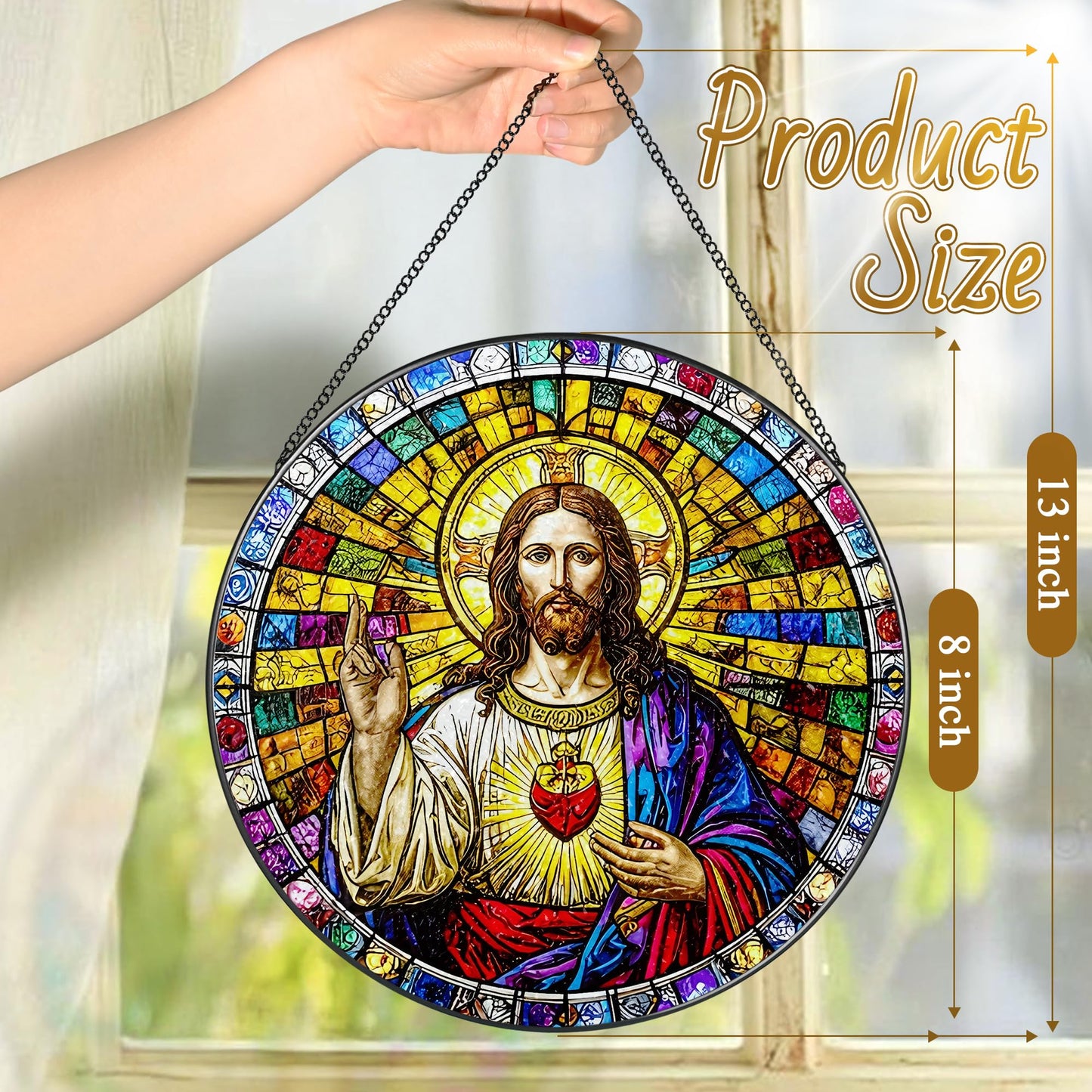 LAOWEIKI 8'' Sacred Heart of Jesus Stained Glass Suncatcher, Stained Glass Window Hanging, Religious Ornament, Christian Home Decor, Gifts for Christmas, Christian Gift, Religious Gift