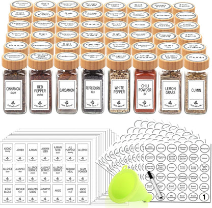 SWOMMOLY 48 Glass Spice Jars with 806 White Spice Labels, Square Spice Bottles 4 oz Empty Spice Containers with Bamboo Lids, Chalk Marker and Funnel Complete Set.