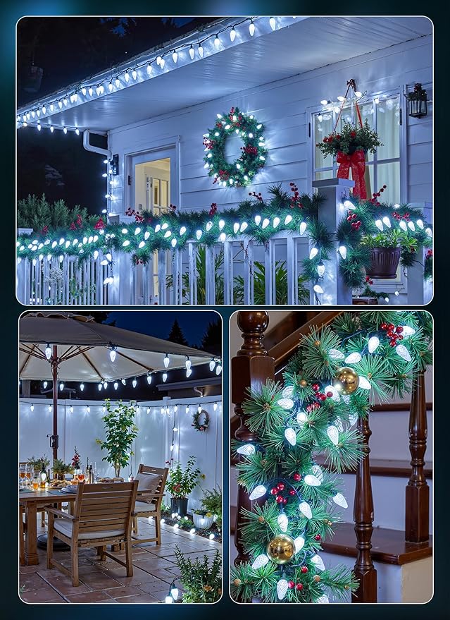 Minetom C9 Christmas Lights Outdoor, 72 FT 110 LED C9 String Lights, 8 Modes & Timer Connectable Waterproof for Christmas Tree Light Indoor Outdoor Roofline Patio Outside Yard Xmas Decor, White 72FT