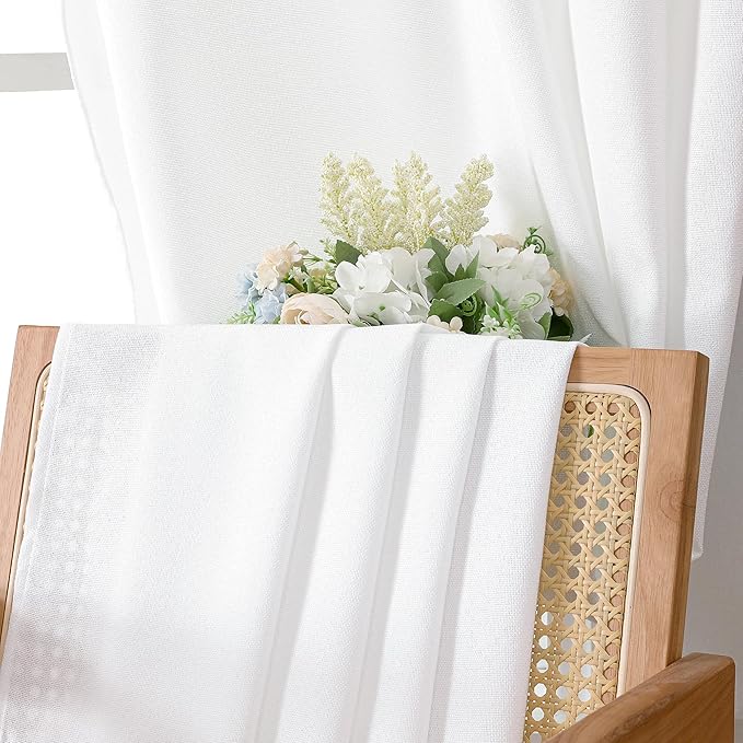 Tollpiz Linen Curtains Bedroom Rod Pocket Semi Sheer Curtain Burlap Light Filtering Thick Linen Drapes for Living Room, 54 x 84 inches Long, White, Set of 2 Panels