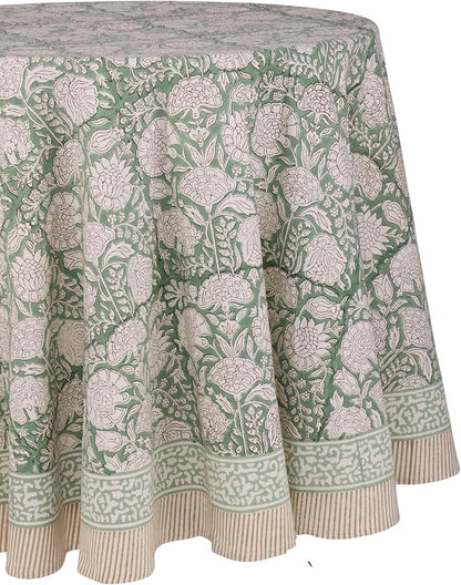 ATOSII Jade 100% Cotton Boho Round Tablecloth, Block Print Floral Table Cloth Linen for Dining, Parties, Weddings, Outdoors I Table Decor 90" Inches I