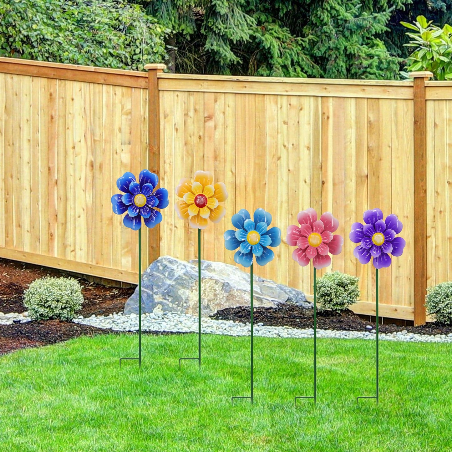 Metal Flower Wind Spinner Garden Lawn Stakes Yard Art, 27 Inch Windmill Outdoor Garden Iron Handicraft Lawn Ornament, Outside Front Porch Patio Yard Decor, 5 Pieces Outdoor Valentines Decoration Gift