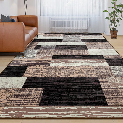 Large Area Rugs,Modern Geometric Patchwork Floor Decor for Bedroom Aesthetic Carpet, Rockwood Collection, Indoor Rugs for Living Room Dining Room Nursery Office Machine Washable Rug, 4x6 Ft Chocolate