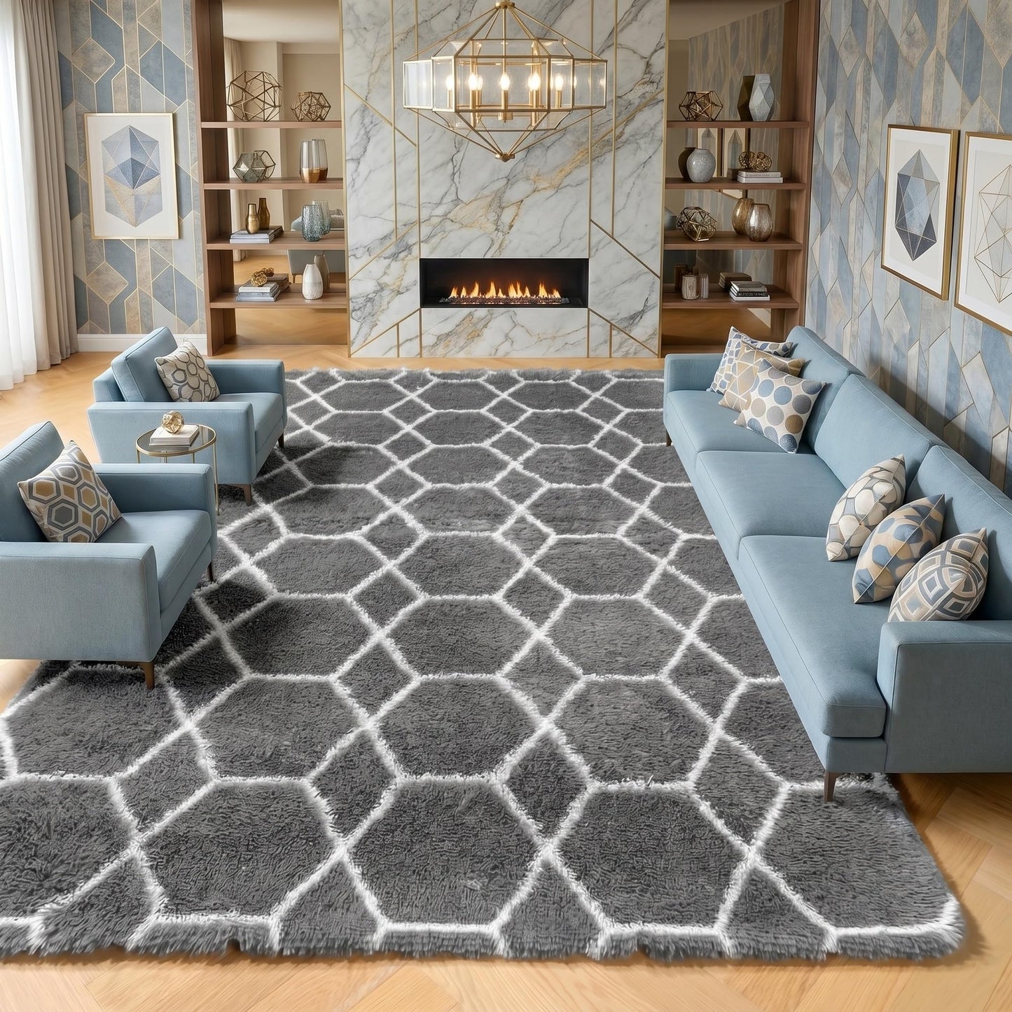 ONASAR 8x10 Area Rugs for Living Room, Fluffy Grey and White Bedroom Rug, Geometric Boho Large Soft Plush Shaggy Fuzzy Floor Carpet for Nursery Kids Classroom Playroom Dorm Home Decor