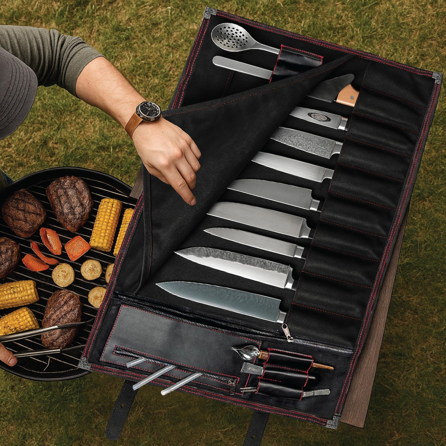 OuiChef Chef Knife Bag for 10 Knives & Utensils - Waxed Canvas & Vegan Leather - Travel Knife Case with Straps - Professional Chef Roll Bag