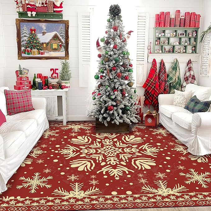 5' X 7' Christmas Rugs Indoor Snowflake Area Rugs for Bedroom Living Room Dining Room Nursery Dorm Classroom Vintage Xmas Carpet for Kids Girls Women Floor Mat Pad