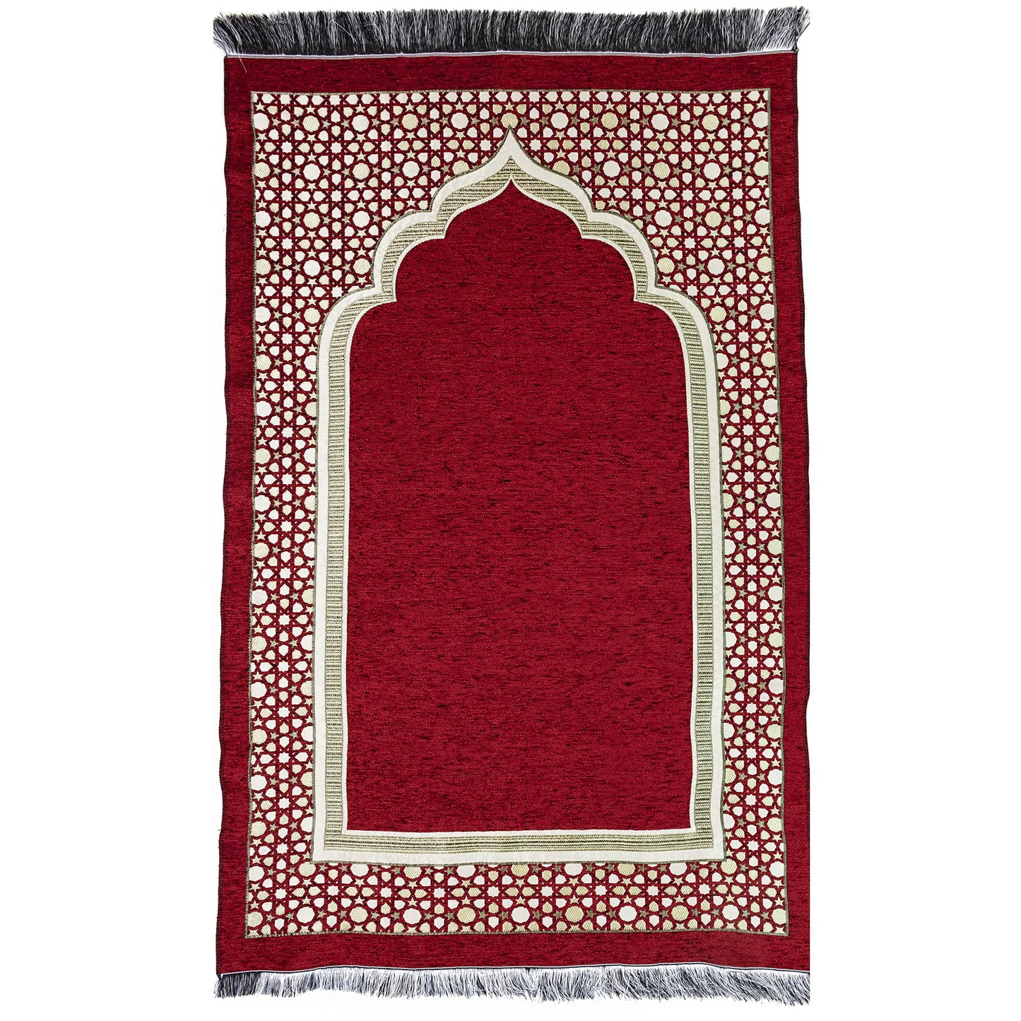 Modefa Turkish Islamic Prayer Mat - Thin Woven Chenille Sajjadah - Intricate Praying Rug Ramadan Eid Gift - Traditional Muslim Janamaz Sajada for Men Women - Geometric Selcuk Star (Red)