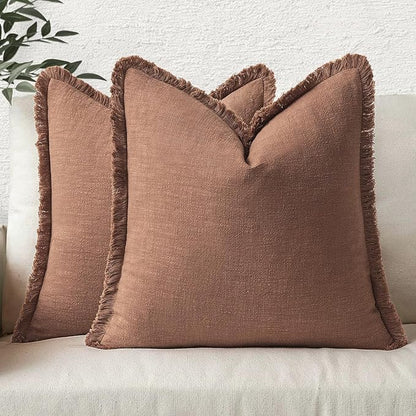 MIULEE Decorative Throw Pillow Covers Neutral Linen Fringe Throw Pillows Set of 2 Brick Boho Farmhouse Cushion Covers with Tassels for Couch Sofa Bed Living Room Spring Home Decor 16x16 Inch