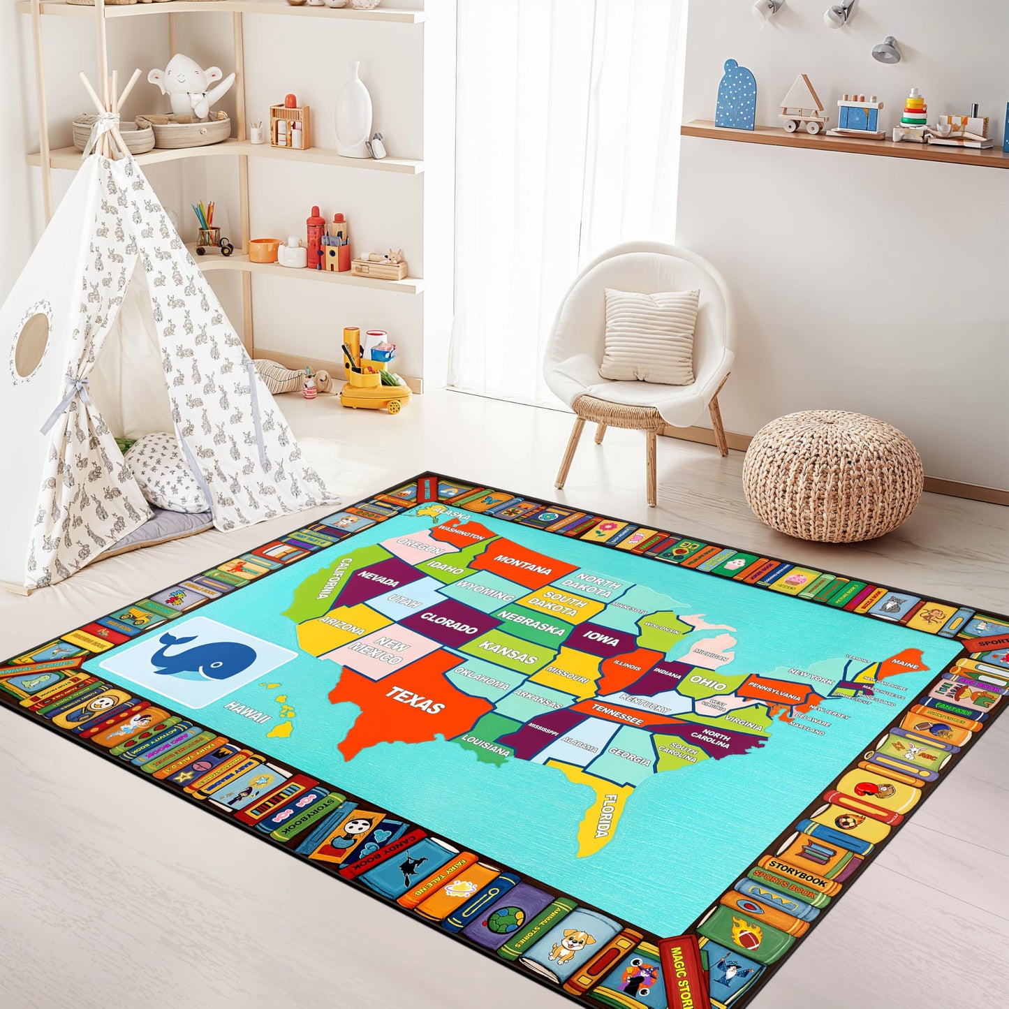 Kids USA Map Educational Rug 3x5 ft New Material, United States Learning Play Mat for Children, Non Slip Washable Colorful Geography Map Carpet for Playroom Classroom Bedroom