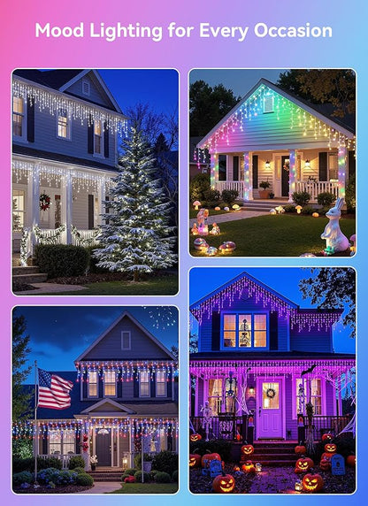 Smart Icicle Lights for Outside - 56ft 512 LED Color Changing Icicle Christmas Lights Outdoor - APP Controller 50+Preset Modes 16M Color Customize DIY Dynamic Lighting Effect