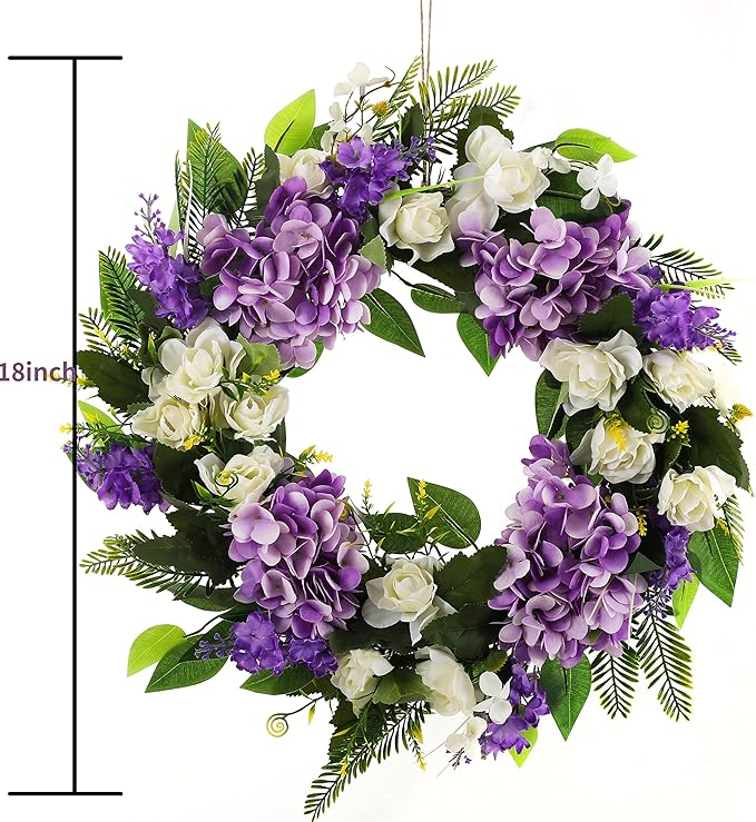 Summer Wreaths for Front Door Green Plant Purple Hydrangea Weaths 18 inch on Grapevine Base, Perfect for Spring Wreaths Outdoor,Indoor and Farmhouse Decoration