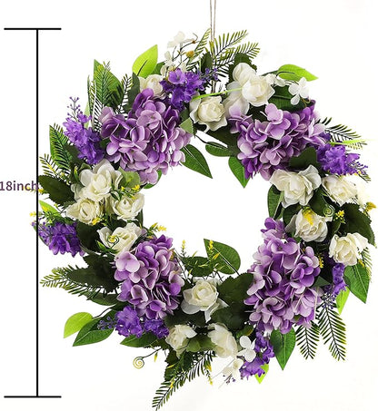 Summer Wreaths for Front Door Green Plant Purple Hydrangea Weaths 18 inch on Grapevine Base, Perfect for Spring Wreaths Outdoor,Indoor and Farmhouse Decoration