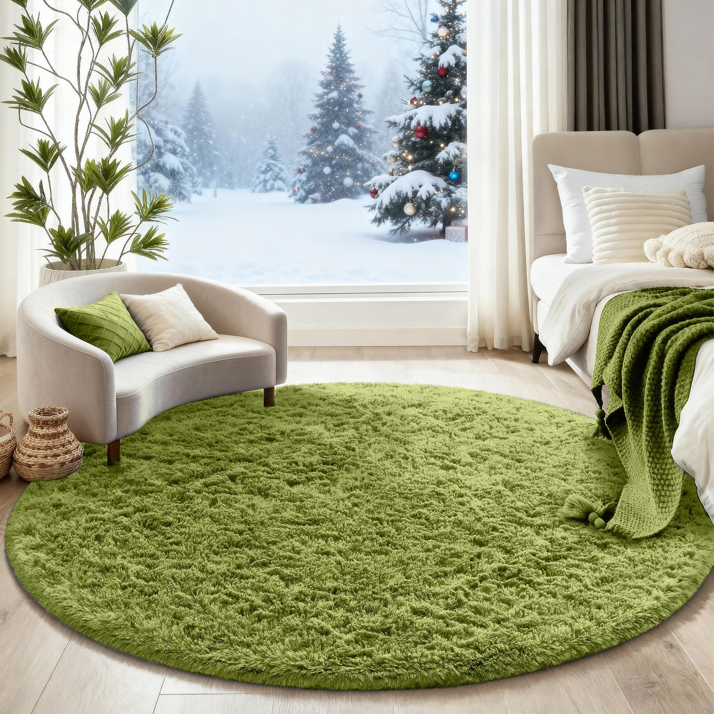 Ophanie Round Rug 5Ft Green Circle Area Rug, Green Room Decor, Fluffy Fuzzy Bedroom Carpet, Plush Soft Shaggy Living Room Rugs for Kids Home Decor Aesthetic, Nursery