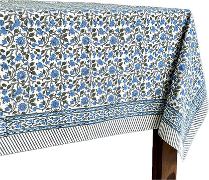 ATOSII Lake Como 100% Cotton Square Summer Tablecloth, Block Print Floral Linen Table Cloth for Kitchen Dining Table I Parties Weddings Outdoors I 60 X 108 Inches I 8 Seater I