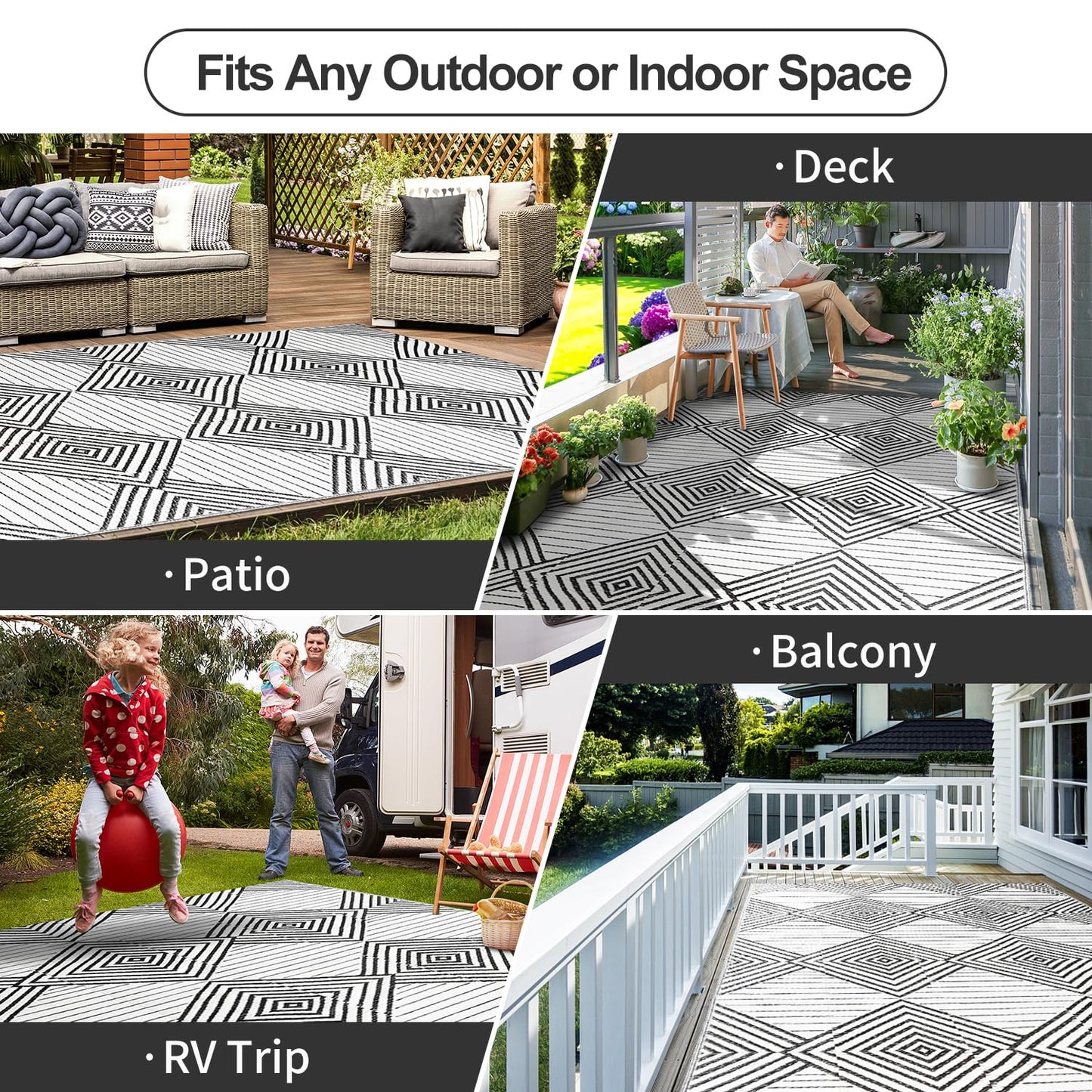 Waterproof Outdoor Rug 5x8ft, Foldable Reversible Plastic Straw Mat for Patio RV Deck Porch Backyard Balcony Camping Picnic Beach Indoor Outdoor Carpet, Black&White