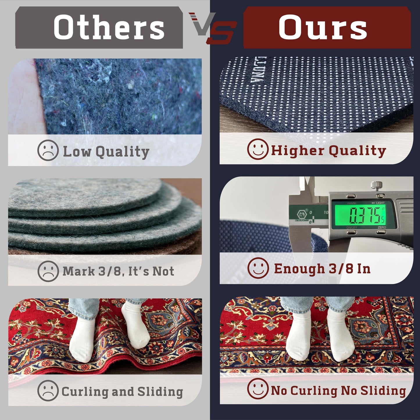 DELLUNA Non-Slip Area Rug Pad 1/8" Thick Double Side Rubber + Felt, 4'x6' Premium Deluxe Cushioned- Safe for All Floors, Adds Comfort and Protection, Ultra Strong Grip, Stop Rug from Moving.