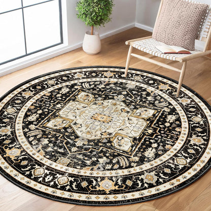 MUJOO Round Rug 5ft,Black Circle Area Rug Washable,Boho Circular Rugs for Bedroom Living Room,Non Slip Throw Carpet Soft Vintage Black and Gold Floral
