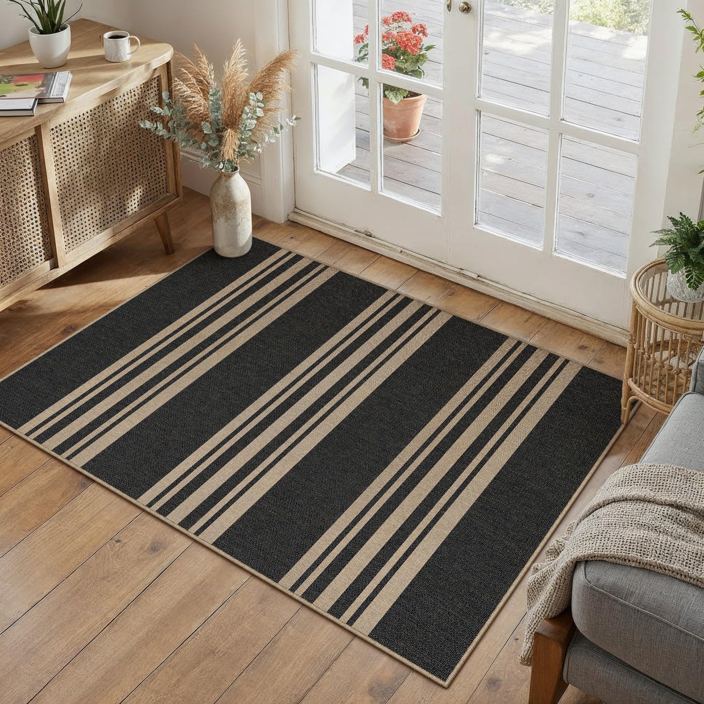 PureCozy Striped Easy Jute Rug 2x3 Black Entryway Carpet Washable Non Slip Door Mat Farmhouse Neutral Non Shedding Entry Small Indoor Outdoor Rug for Kitchen Bedroom Mudroom Bathroom
