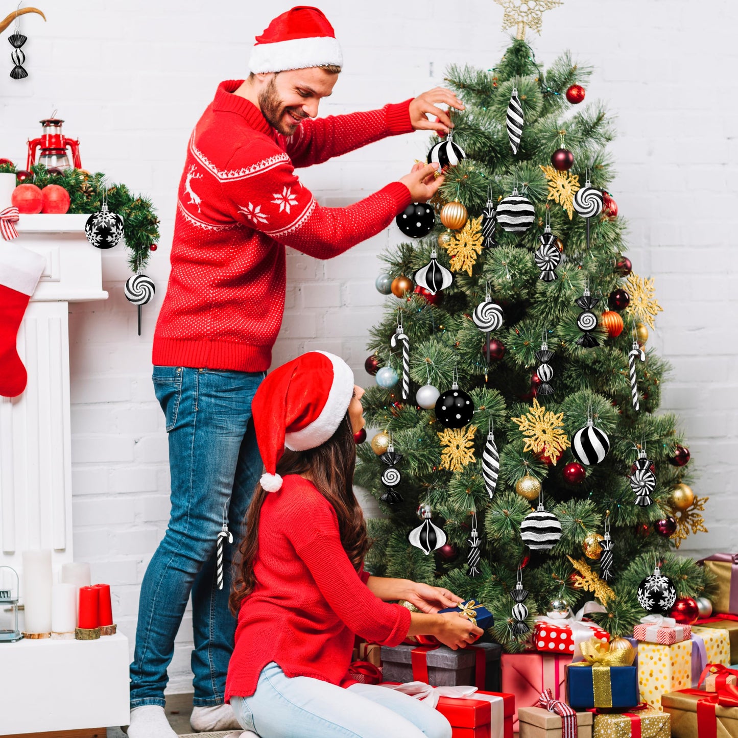 Candy Christmas Ornaments Set, Candy Cane Ornaments for Christmas Tree, Black Christmas Tree Decor 48pcs