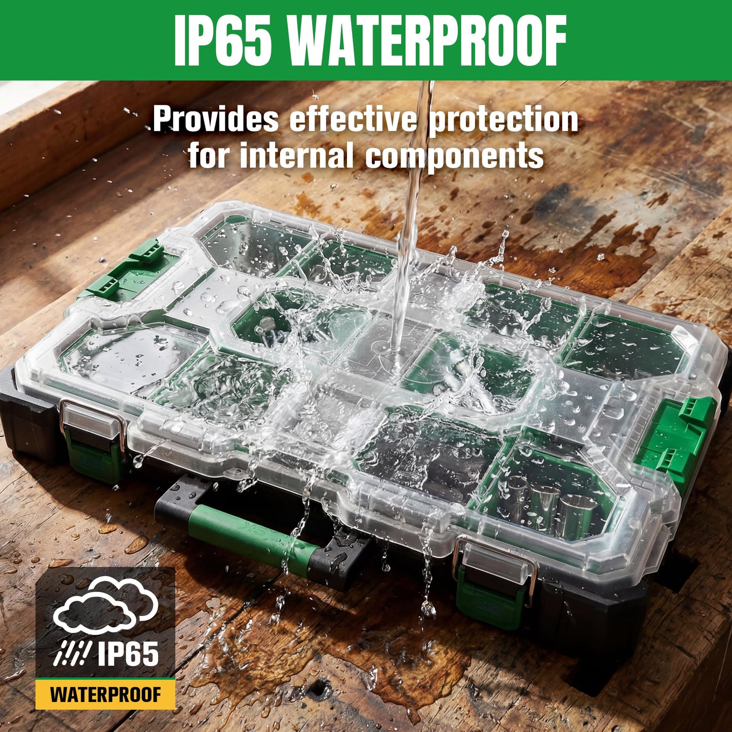 SK 20.5-Inch Small Part Organizer, Stackable Tools Box Organizer with 15 Compartments and Removable Dividers, Transparent Lid, Waterproof & Impact-Resistant Design, for Small Tools and Accessories