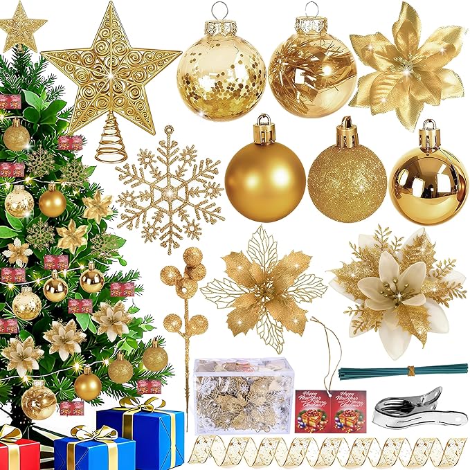 76Pcs Christmas Tree Decorations Set, Gold Assorted Ornaments with Large Shatterproof Plastic Balls, Star Tree Topper, Glitter Berries Stems, Ribbon for Indoor Garland Home Holiday Wedding Decor