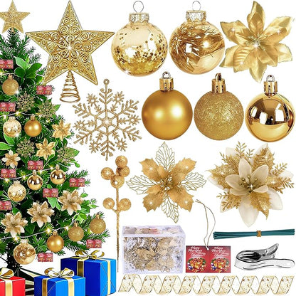 76Pcs Christmas Tree Decorations Set, Gold Assorted Ornaments with Large Shatterproof Plastic Balls, Star Tree Topper, Glitter Berries Stems, Ribbon for Indoor Garland Home Holiday Wedding Decor