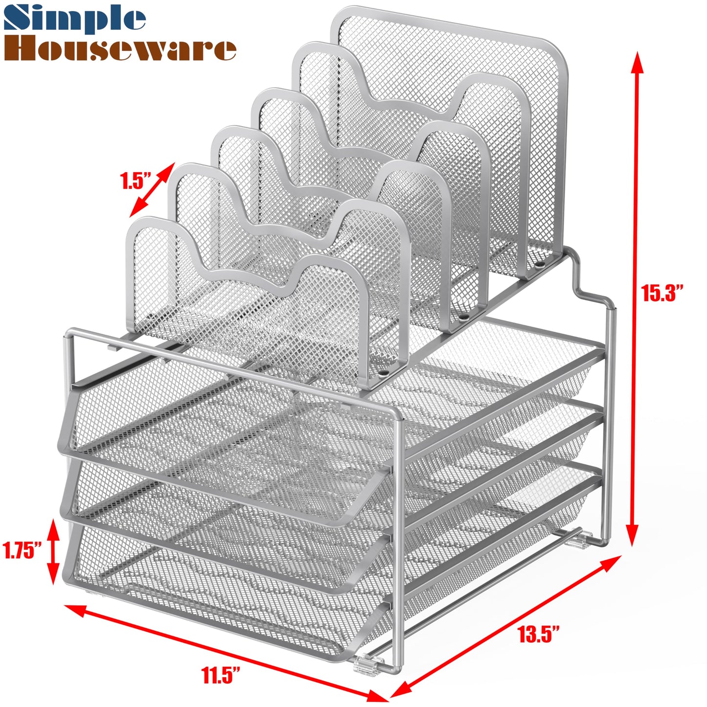 Simple Houseware Desk Organizer with 3 Sliding Tray and 5 Stacking Sections, Silver