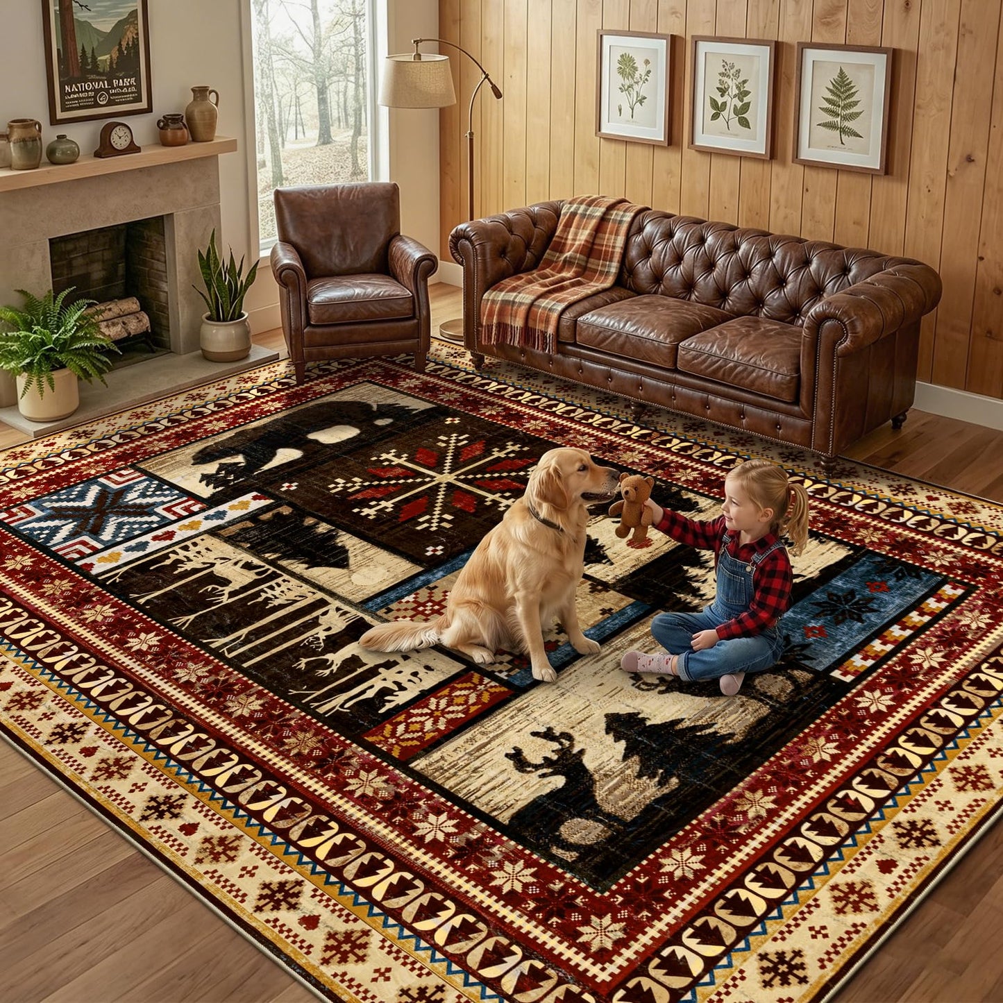 LOKHOM Rustic Cabin Area Rug 8x10, Machine Washable Bear Print Rug, Non-Slip Low Pile Soft Large Southwestern Lodge Rug for Bedroom Living Room Dining Room