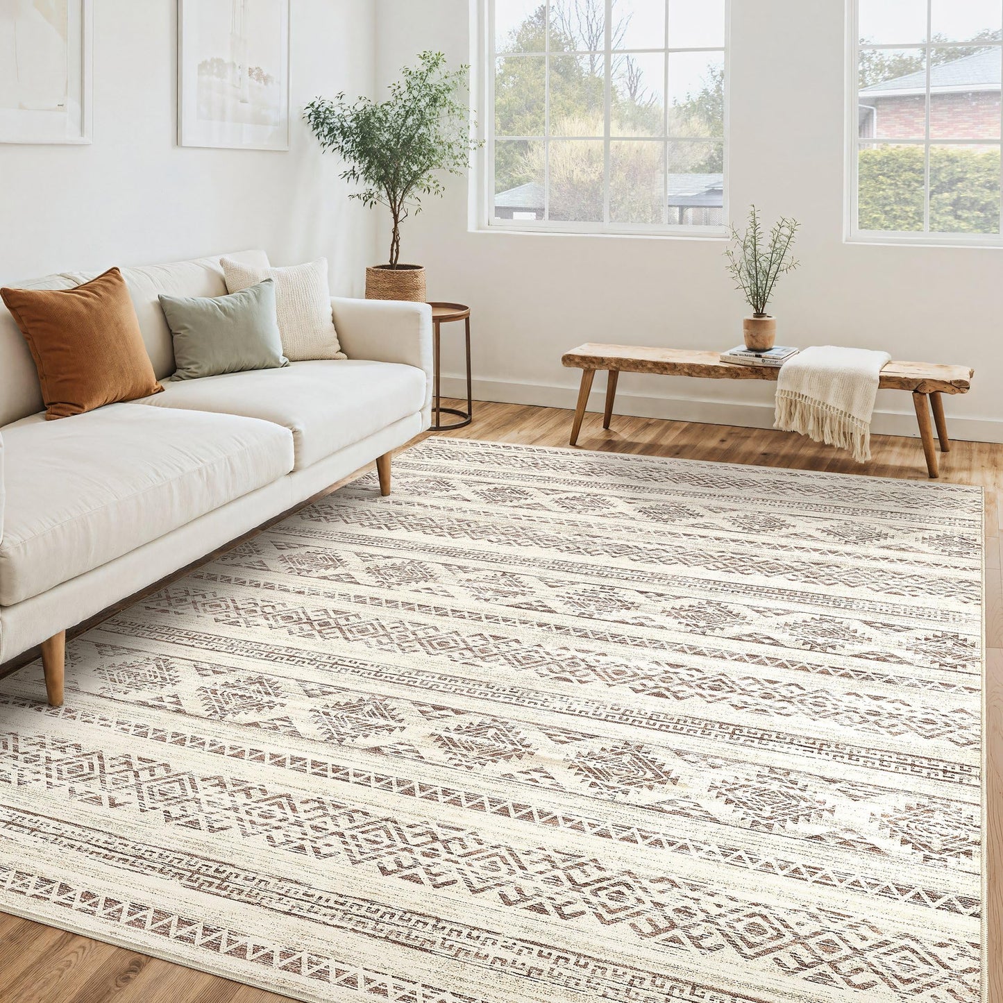 Tortania Area Rug Living Room Rugs - 5x7 Washable Large Soft Neutral Boho Moroccan Bohemian Farmhouse Rug Indoor Floor Carpet for Bedroom Under Dining Table Home Office Decor - Brown