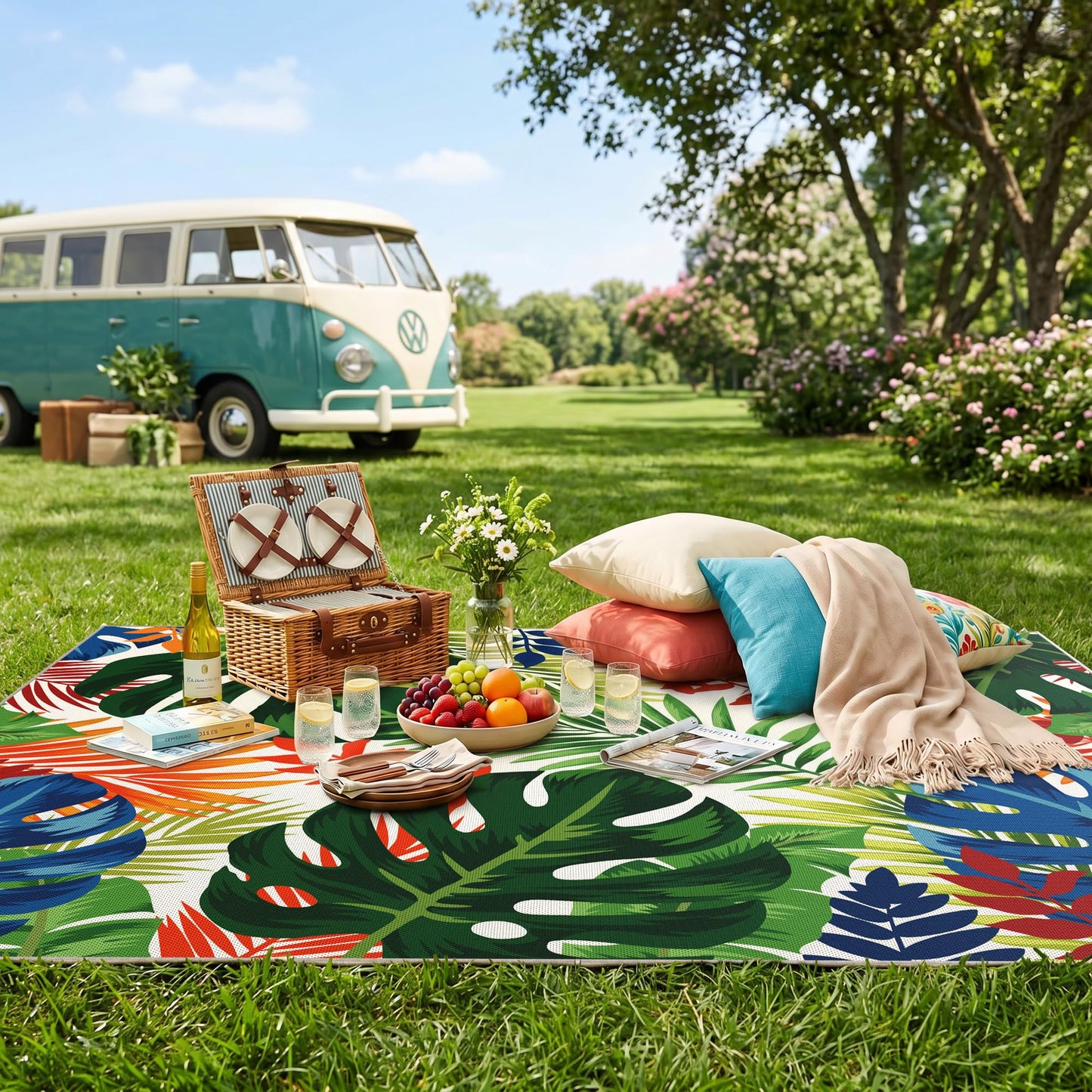 Arenarug 8x10 Monstera Tropical Outdoor Rug – Waterproof Non-Slip Machine Washable Patio Rug, UV & Stain Resistant Outdoor Carpet for Patio Deck Balcony Backyard, Colorful