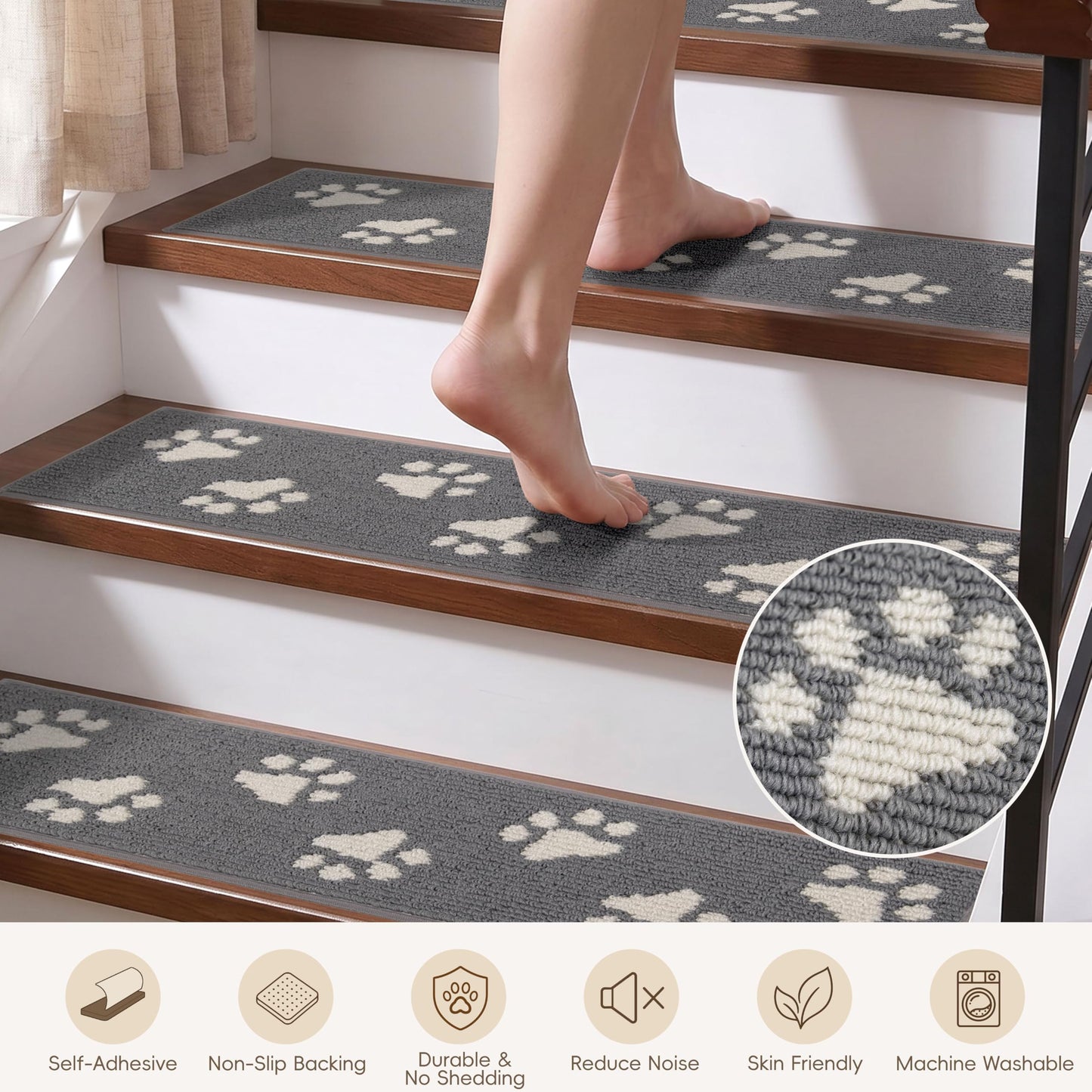 DEXDE Stair Treads for Wooden Steps Non-Slip 15pcs, 30"x8" Washable Stair Runners with Cat Paw Pattern, Non-Skid Safety Carpet Mats for Dogs and Kids, Reusable Indoor Stair Rugs for Home, Grey