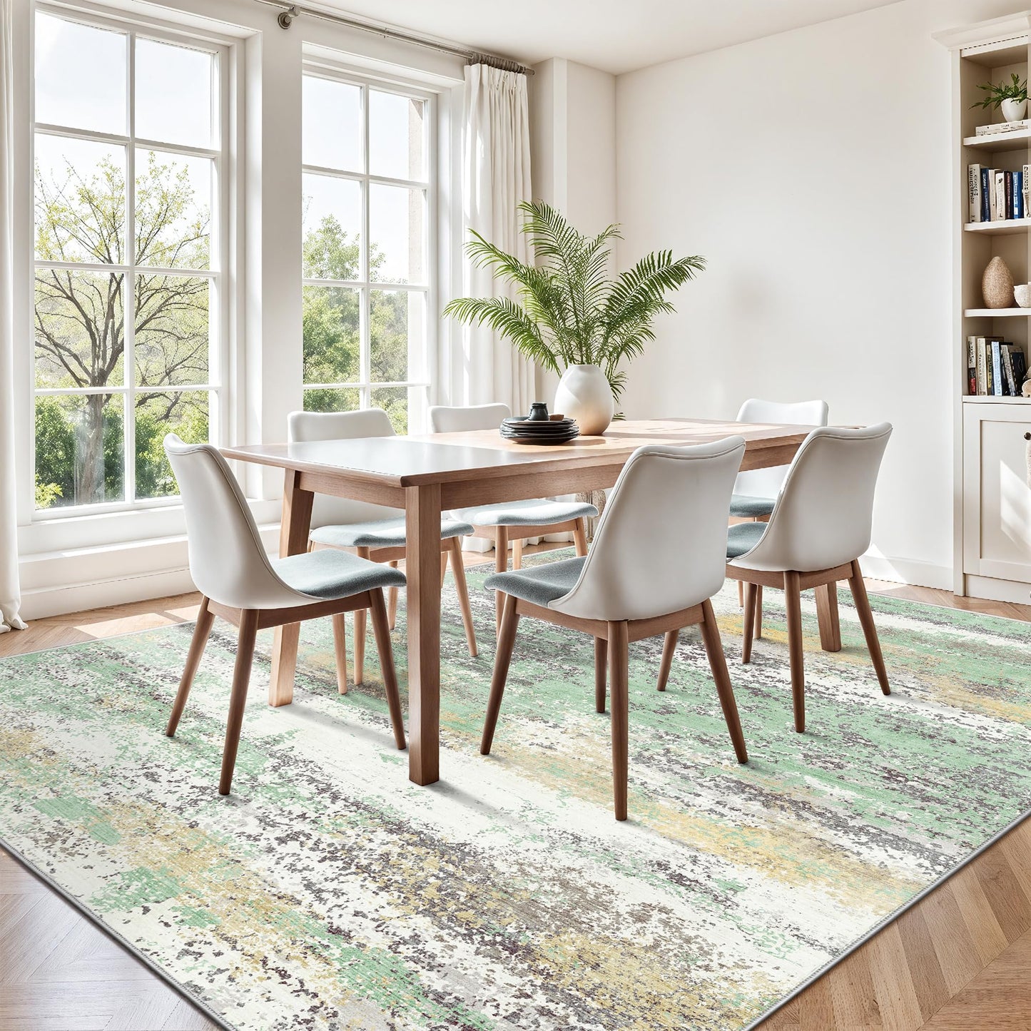 Yarooge 8x10 Area Rugs, Abstract Modern Ultra Soft Washable Rug, Non Slip Carpet with Rubber Back, Large Rugs for Living Room, Bedroom, Dining Room Decor(Light Green/Cream)