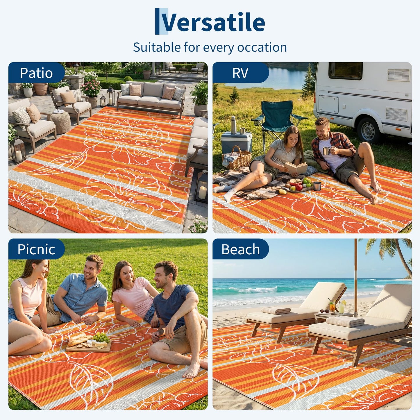 Garvee 8x10 Outdoor Waterproof Rug, Floral Outdoor Area Rug，Reversible Plastic Straw Patio Rug, Portable Camping Mat for RV, Picnic, Beach, Balcony, Garden & Camping Orange