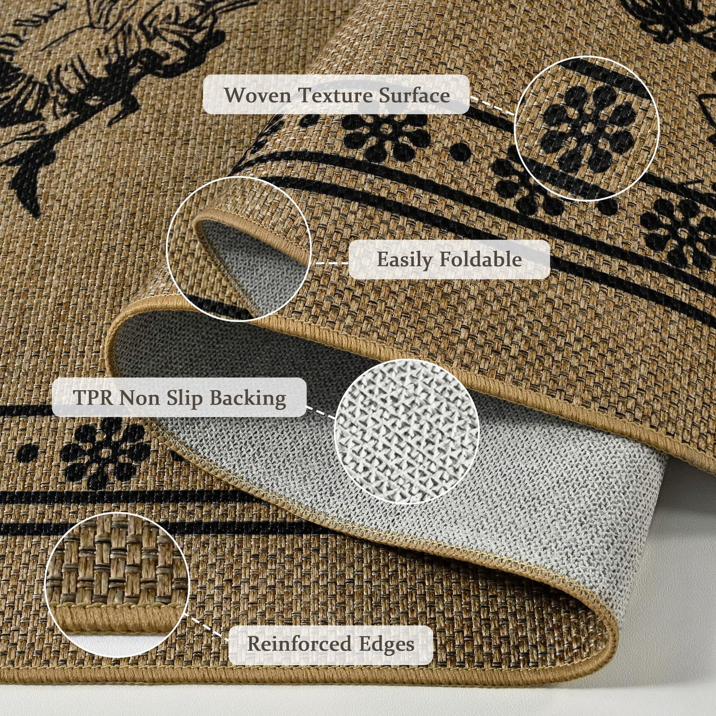 FALARK Easy Jute Area Rugs for Living Room, 5x7 Beige Botanical Sketch Thin Washable Rug, Non Slip Backing Indoor Outdoor Carpet for Bedroom Kitchen Office Backyard Patio Kids Room