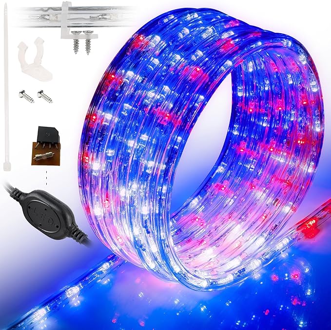 WYZworks 3312LEDs, 300ft LED USA Patriotic American Red White Blue Outside Rope Lights, Outdoor ETL Certified Waterproof Permanent 360 Degree Light, Flexible Tube, Connectable, Palm Tree Exterior